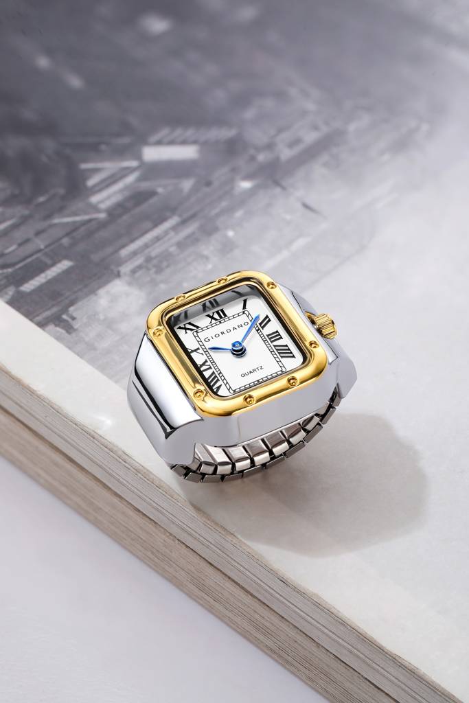 Analog Ring Watch For Women With Rectangular Dial, Roman Numeral Markers, Blue Hands, Quartz Movement And Stainl : GZ-60186-33