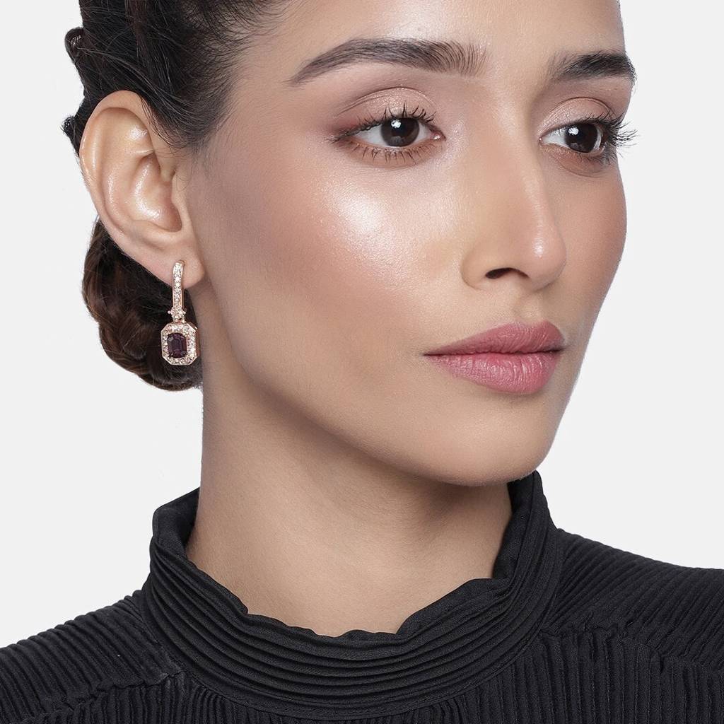 Estele Rosegold Plated Radiance Drop Earrings With Purple Stone For Women : 699704-IGER