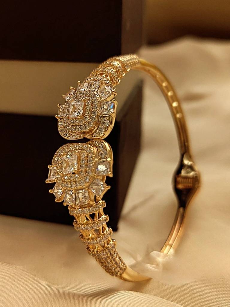 Ethnic White Stone Studded Cuff Â 18K Gold Plated, 316L Stainless Steel : S925B501EFSCW