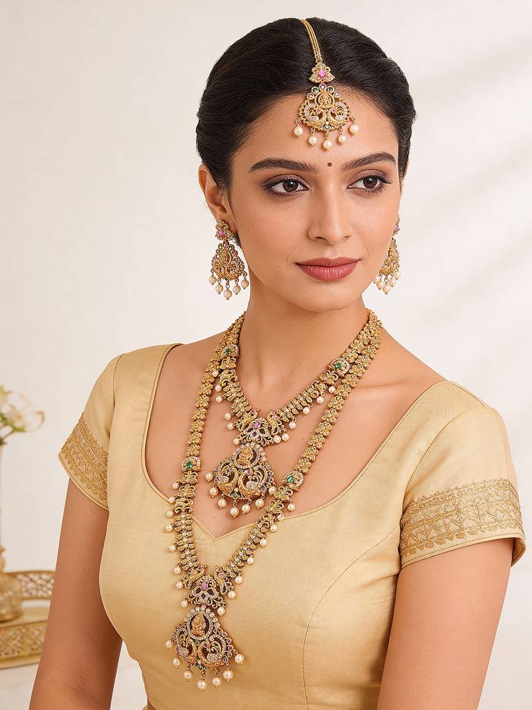 Combo Gold Plated White Ad & Pearl Studded Temple  Lakshmiji Bridal  Jewellery Set : SJNK2972