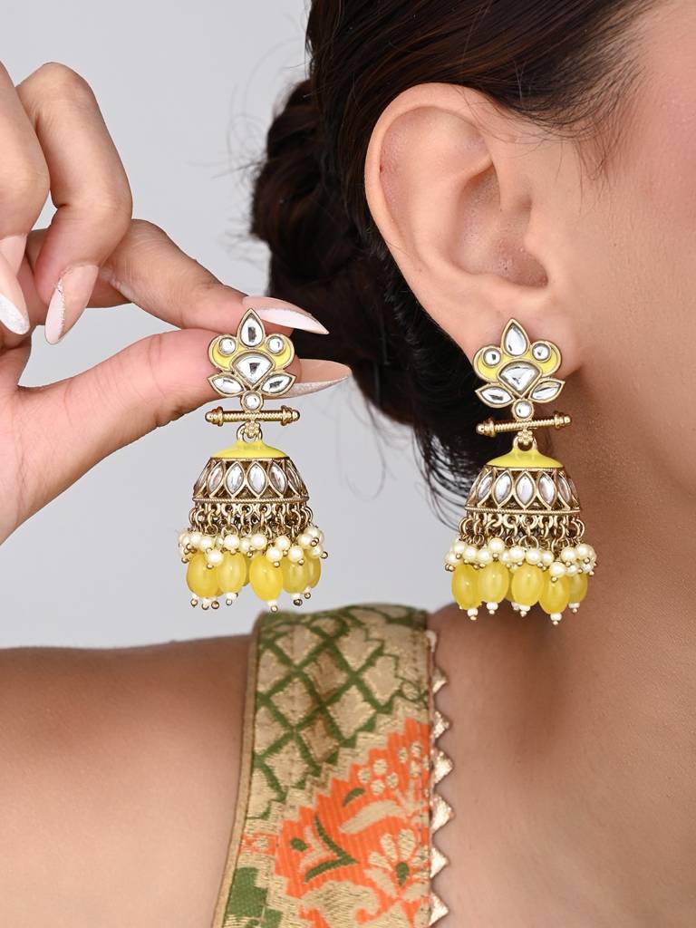 Gold Plated Kundan & Meenakari Jhumka Earrings : S24FAER411YLW