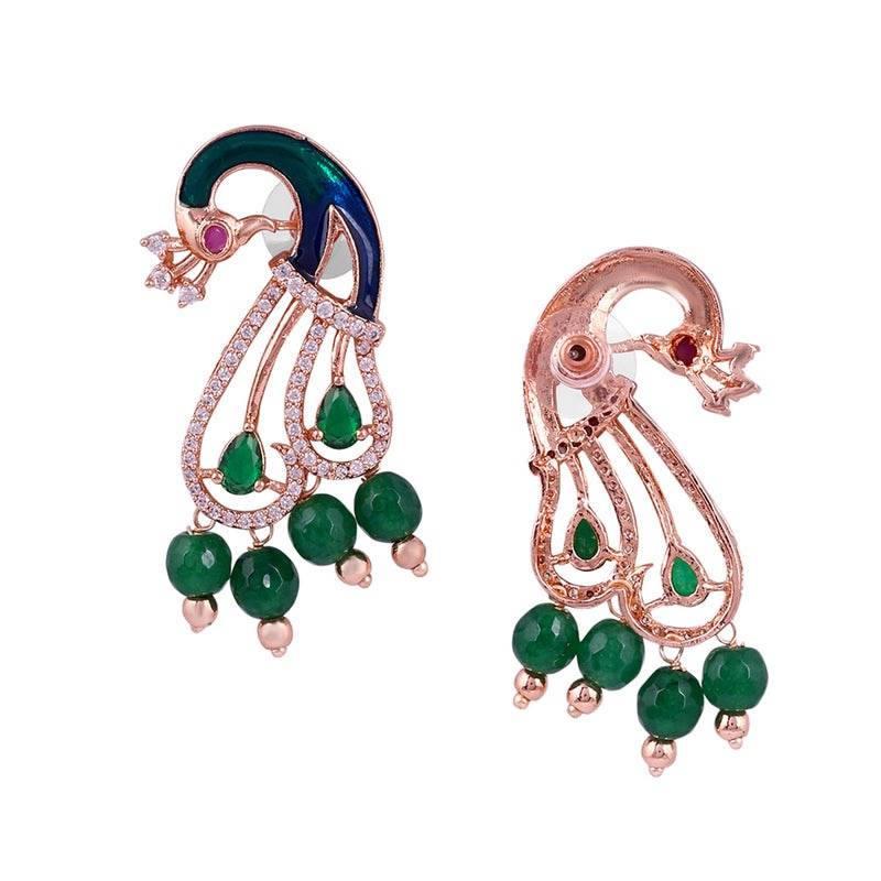 Rose Gold Plated Peacock Necklace Set With Green Beads & White Cz Stones | Festive & Wedding Wear : AD-916-RGGNNKER