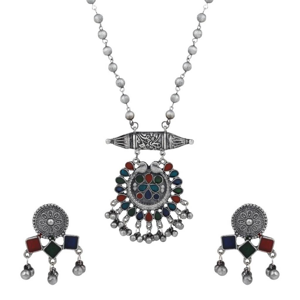 Silver Oxidised Finish Meenakari Jewellery Set : S24MRNKS397SLV