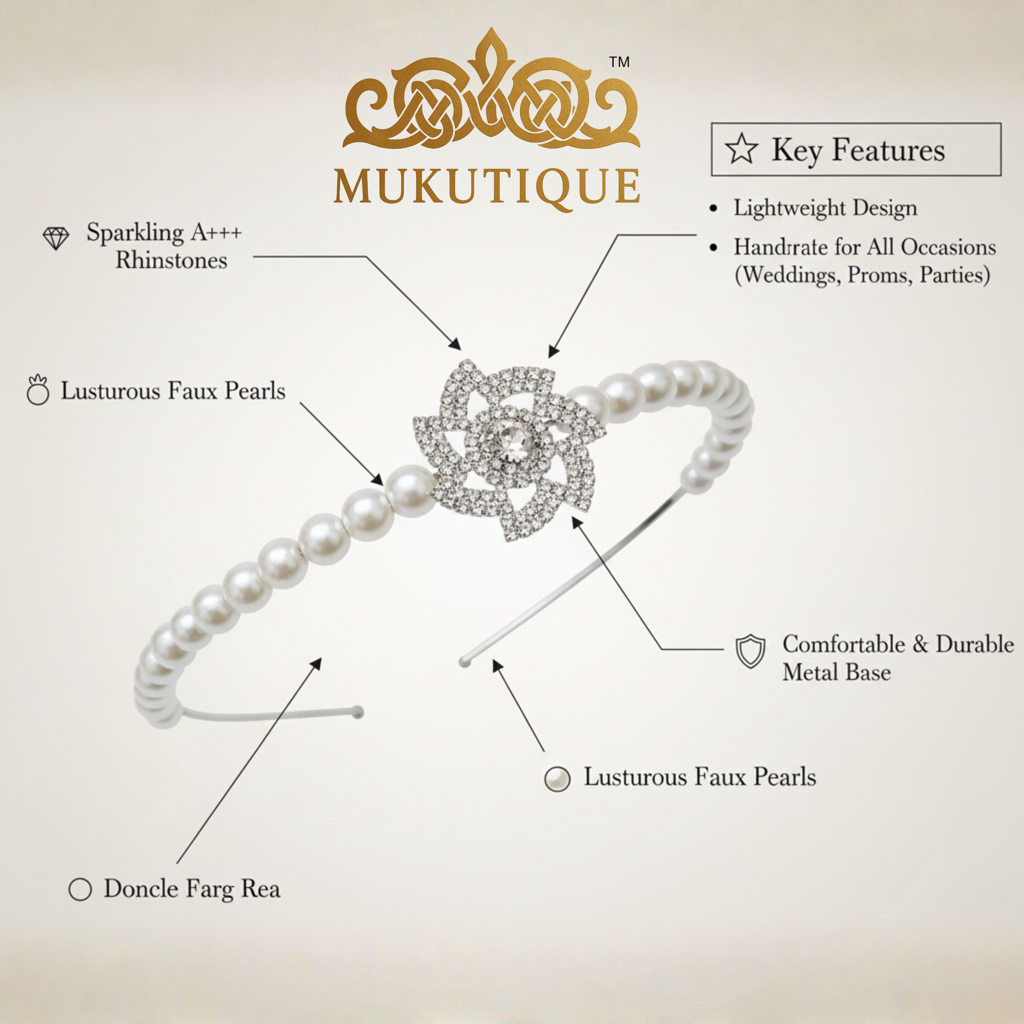 Pearl Headband For Women – White Faux Pearl Hair Hoop With Crystal Flower Accents – Elegant Bridal Hair Accessori : M4SK-HB-14