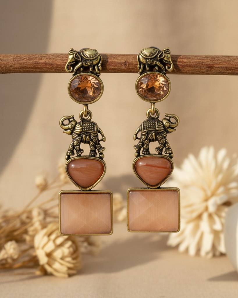 Antique Gold Elephant Design Long Drop Earrings : N106Orange