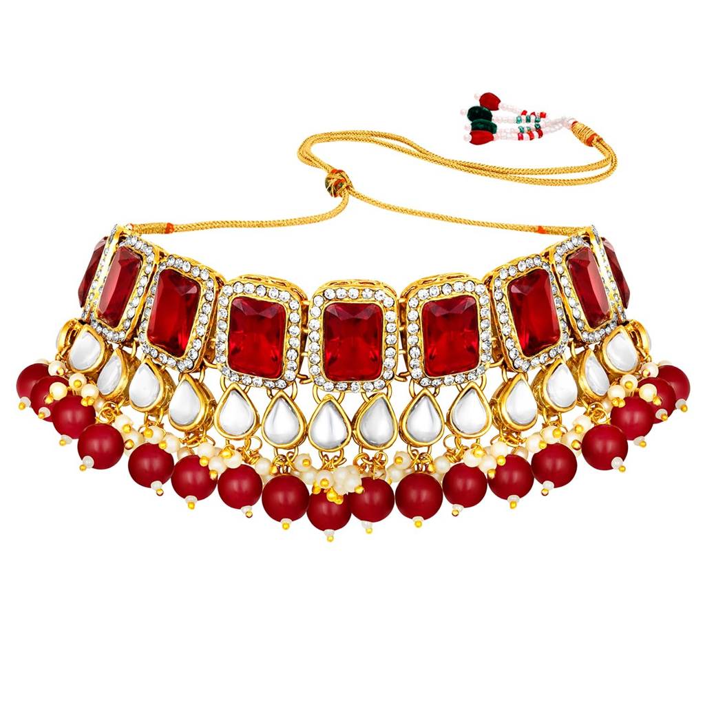 Peora Gold Plated Traditional Kundan Choker Necklace Jewellery Set With Dangle Earring Maang Tikka For Women Girls : PF24N2944M