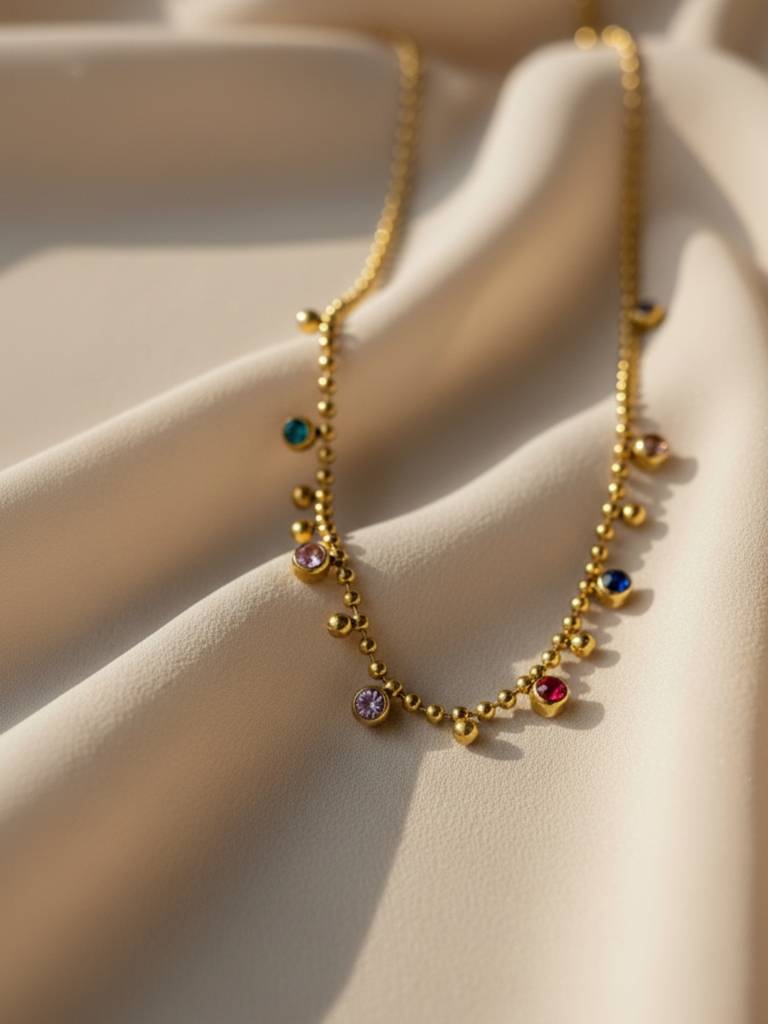 Anti-Tarnish Multicolor Beaded Stone Chain | 18K Gold Cz Jewelry : ATC648MBN