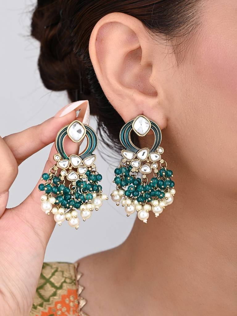 Gold-Plated Meenakari Stud Earrings With Kundan & Pearl Cluster Drops : S24FAER408TEA