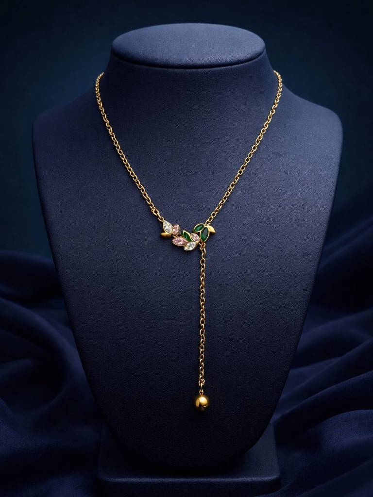 Leaf Multicolor Cz Drop Neckpiece In 18K Gold Plating : S925C736LMN