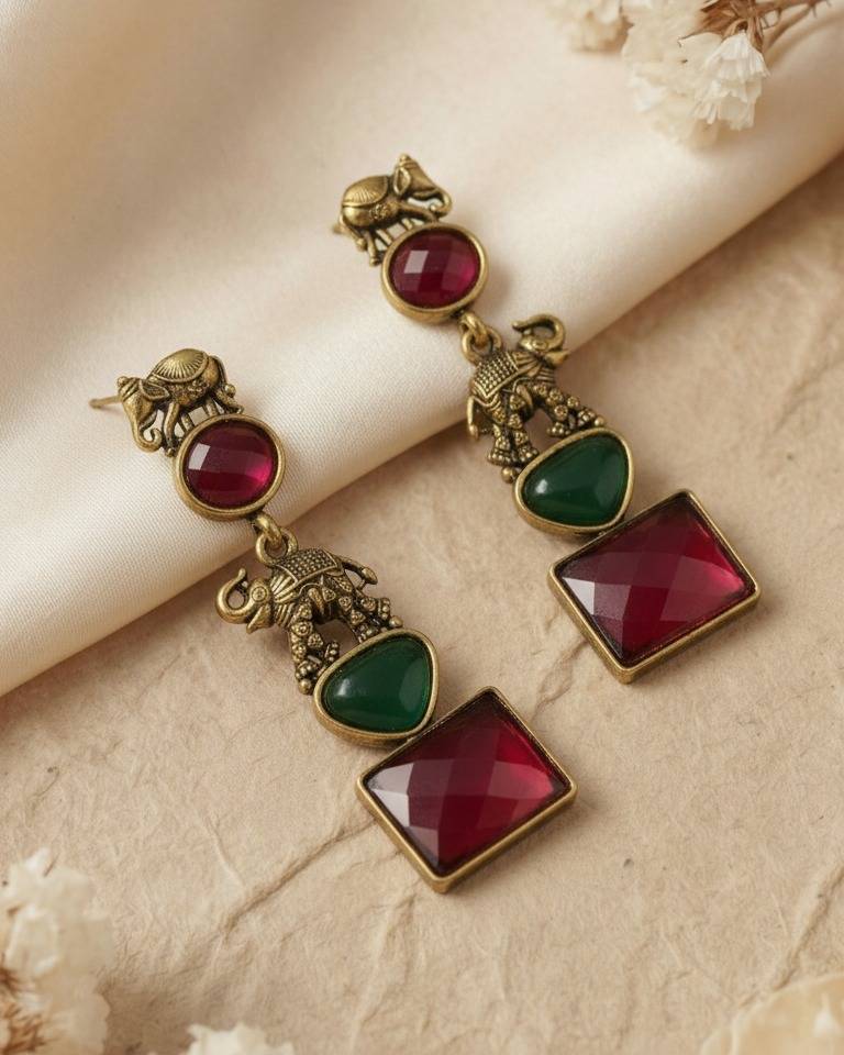 Antique Gold Elephant Design Long Drop Earrings : ORP106PinkGreen