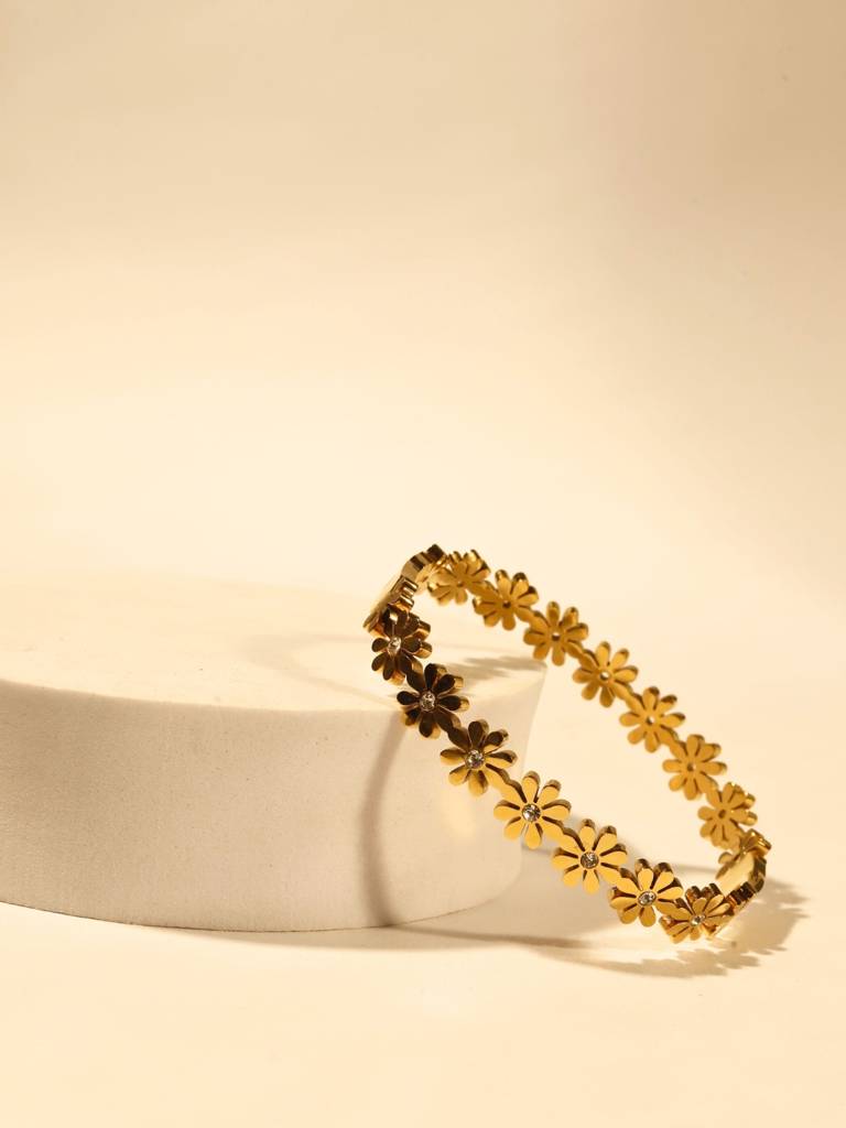 Gold Floral Studded Bangle Bracelet For Women Â 316L Stainless Steel With Cubic Zirconia Stones | Ethnic Press-L : ATB539FSB