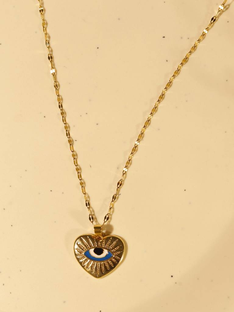 Evil Eye Heart Pendant Necklace In 14K Gold Plated Stainless Steel | Anti-Tarnish Cz Chain For Women : ATC567EEBPC