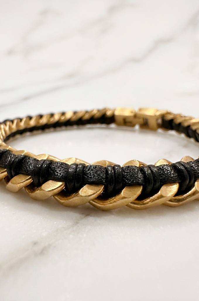 Men'S Braided Black Leather & Gold Plated Cuban Link Stainless Steel Bracelet : MSYKBL5D005