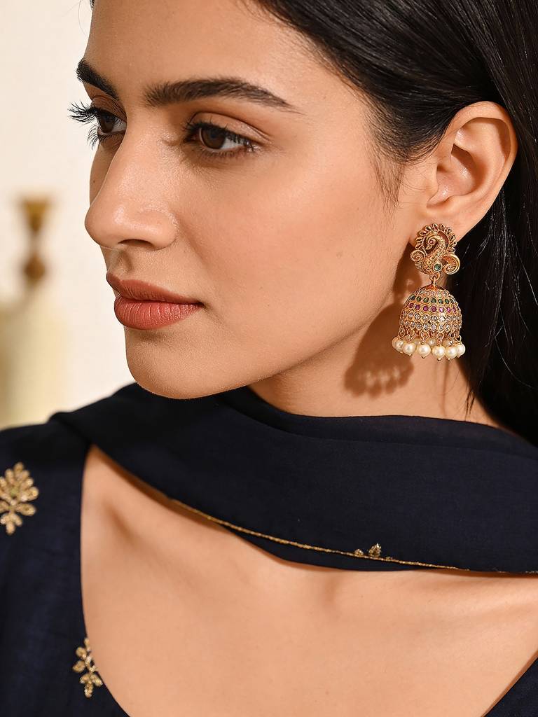 Gold Plated Multi Colored Ad Studded Peacock Temple Jhumka Earrings : SJER2974