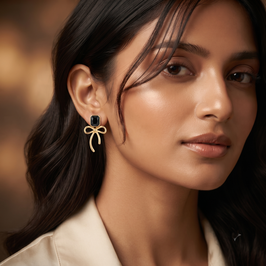 Gold Plated Brass Black Gem Bow Drop Earrings : SCDELER0463