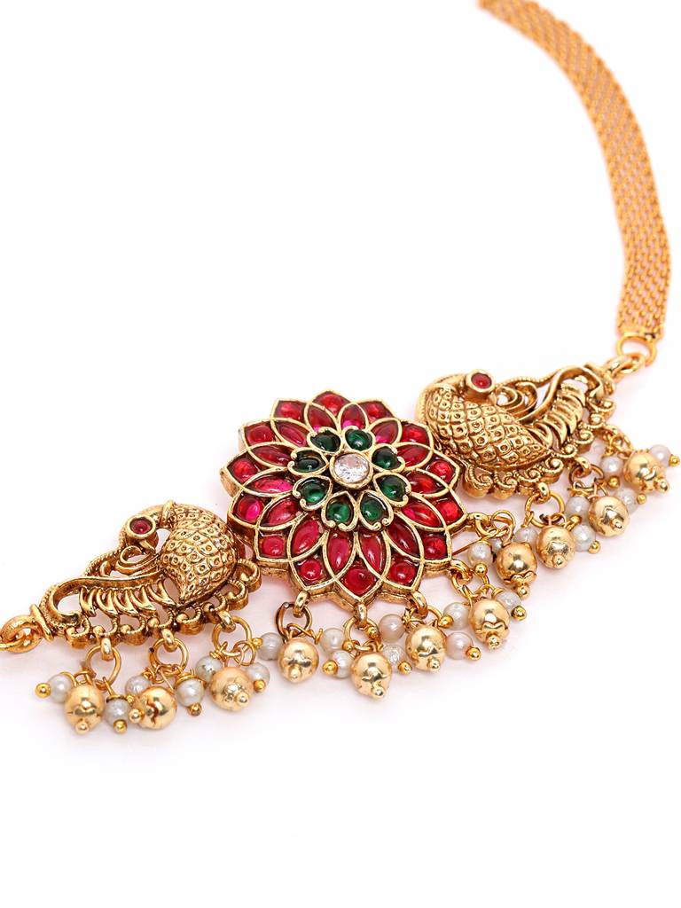 Â Gold Plated Floral Choker With Earrings Set : SATJS335MULTI