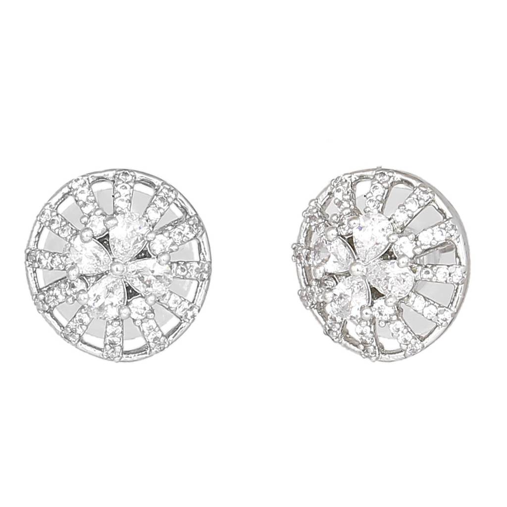 Estele Rhodium Plated Cz Flower Designer Pendant Set With White Stones For Women