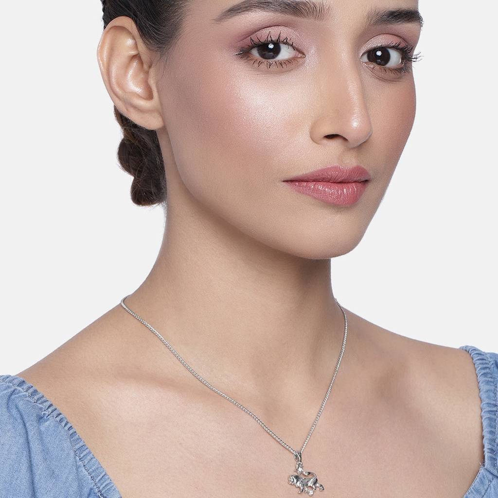 Estele Rhodium Plated Leo Zodiac Sign Designer Pendant With Crystal For Women : 824-NKNK