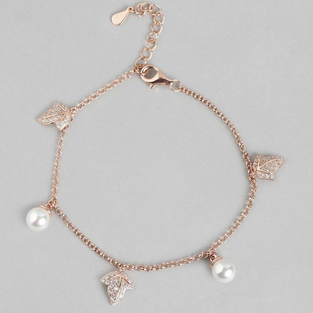 Twinkling Leaves And Cute Pearls Charm 925 Silver Bracelet : BR-80003