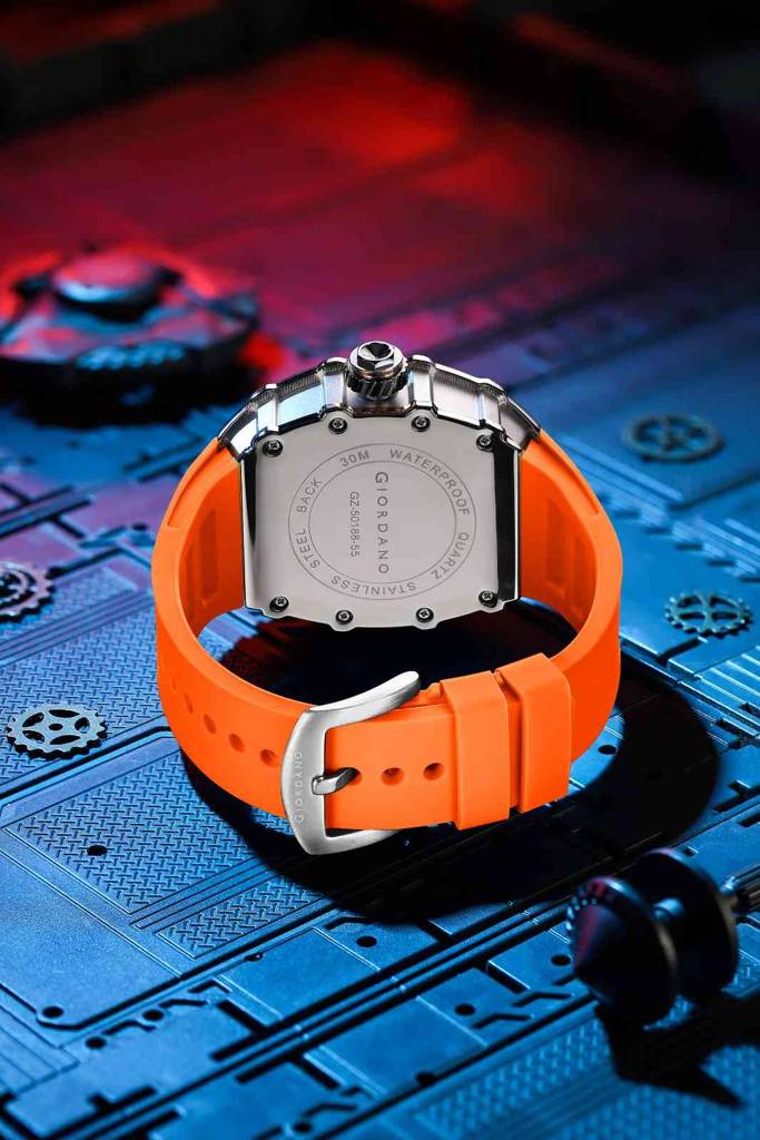 Giordano Analog Skeleton Dial Watch For Men Â Tonneau Case, Silicone Strap, Open-Gear Sport Design, Quartz Mov : GZ-50188-55