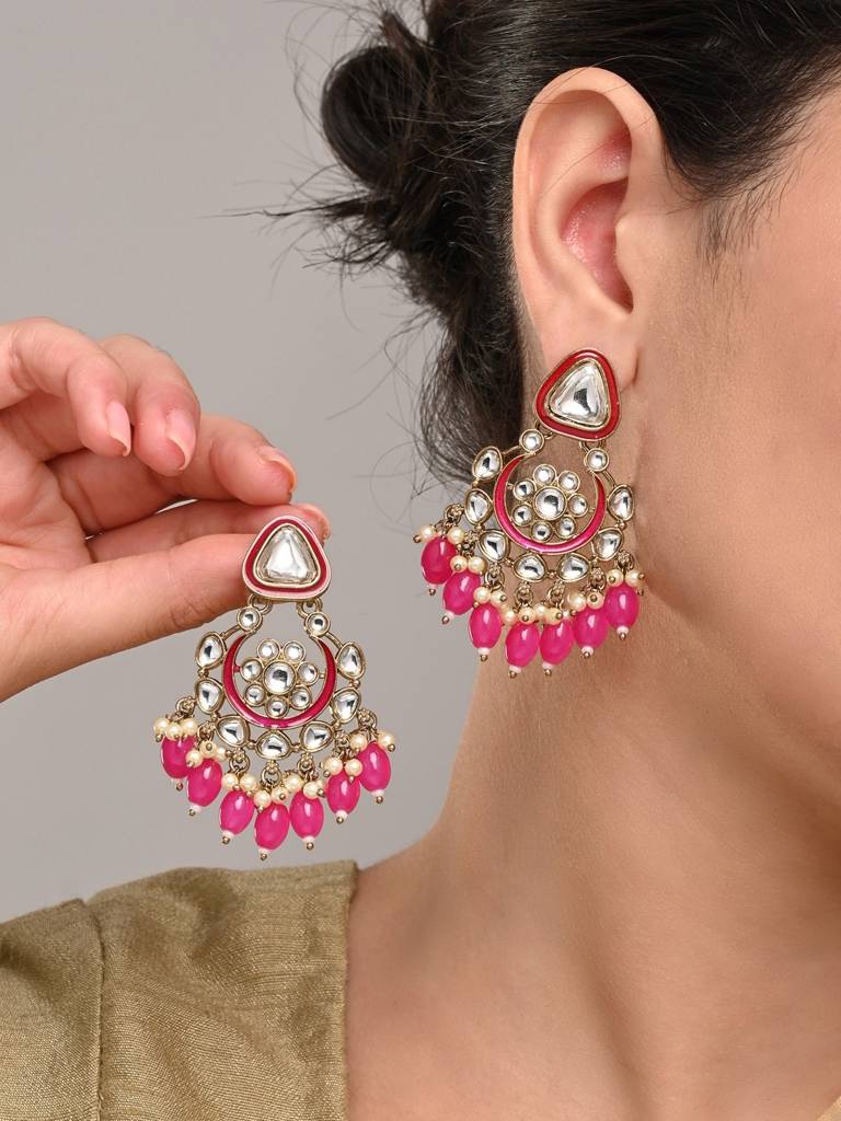Kundan Hoop Pearl Fringe Earrings : S24FAER238PNK