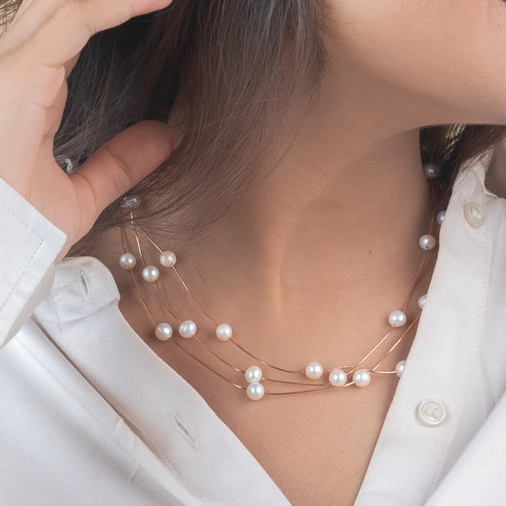 925 Silver Rose Gold Pearl Necklace | Faceted Crystal Necklace : NL1058
