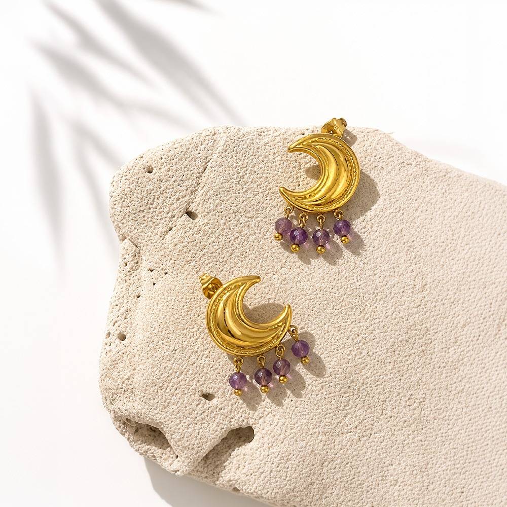 Women 18K Gold-Plated Crescent Moon Drop Earrings With Purple Beads : 101169
