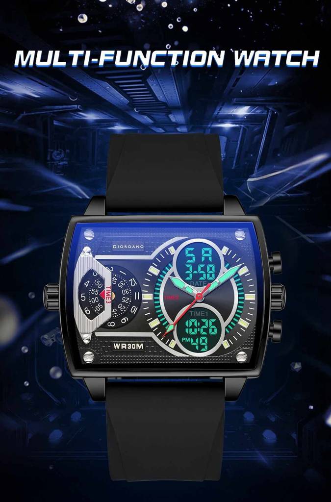 Giordano Square Analog-Digital Watch For Men – Triple Time Zone Displa, Silicone Strap : GZ-50161-01
