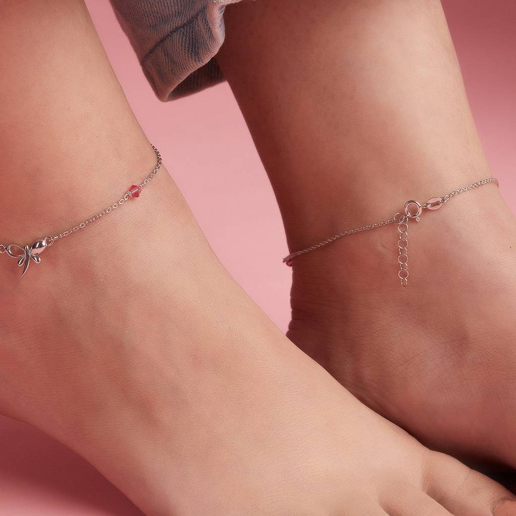 Butterfly With Studded Stone 925 Sterling Silver Anklets : ANK-60141-PAIR