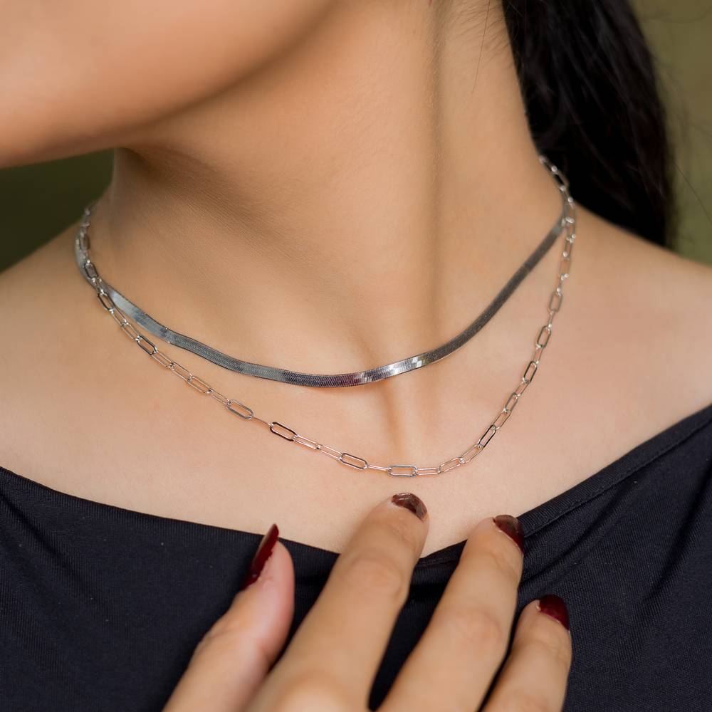 925 Silver Paperclip And Herringbone Necklace Set | : NL1056