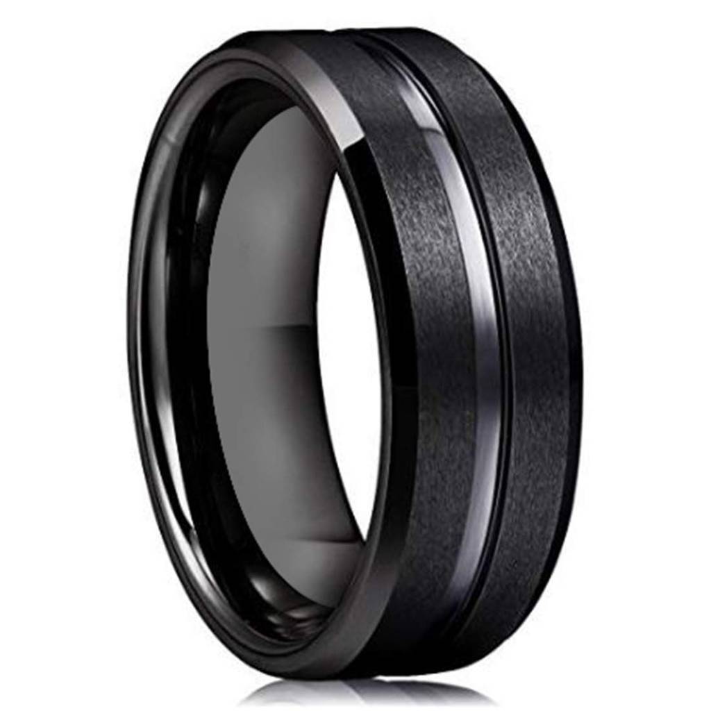 Black Tungsten Grooved Centre Polished Wedding Band Ring For Men Boys|Rakhi Rakshabandhan Gift For Sister Bhabhi,  : PX9R54-11