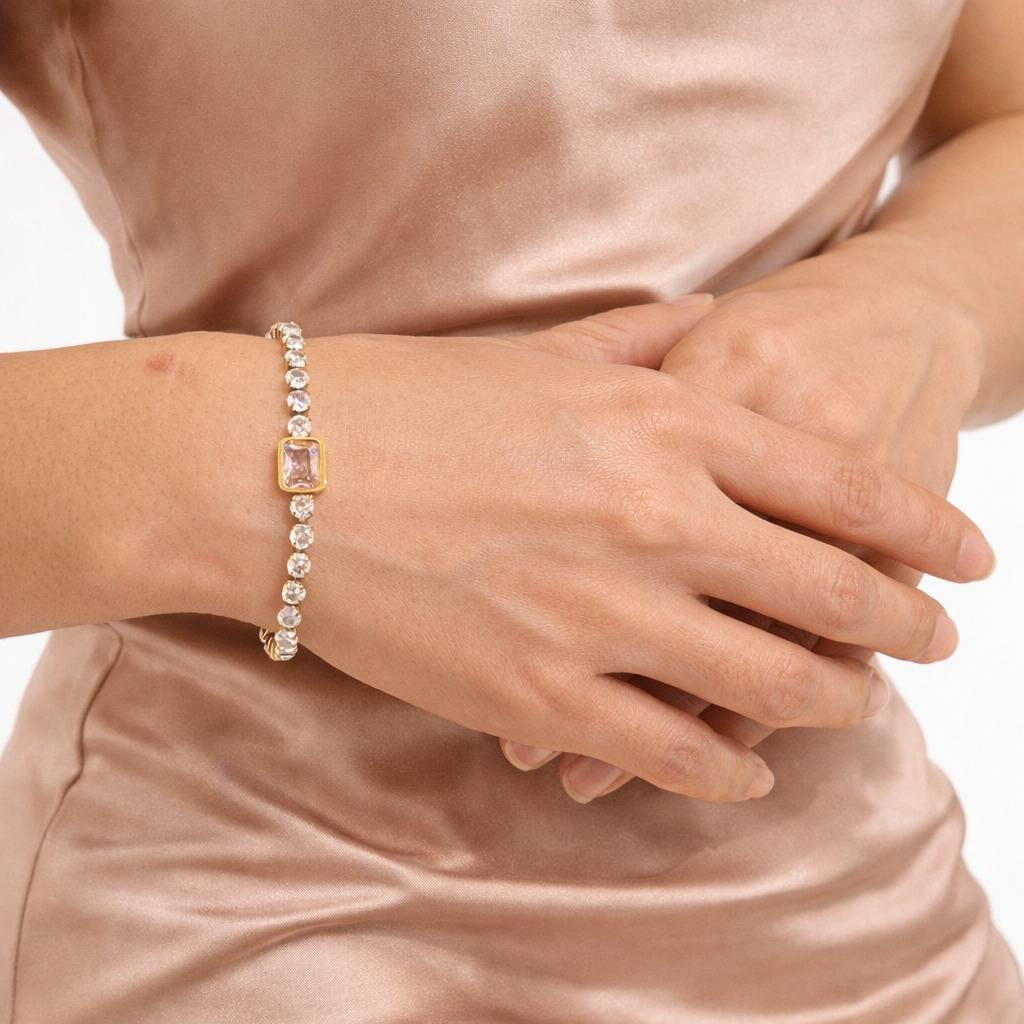 Gold Plated Pink Crystal Tennis Bracelet For Women | Elegant Party Wear Stone Bracelet : 100699