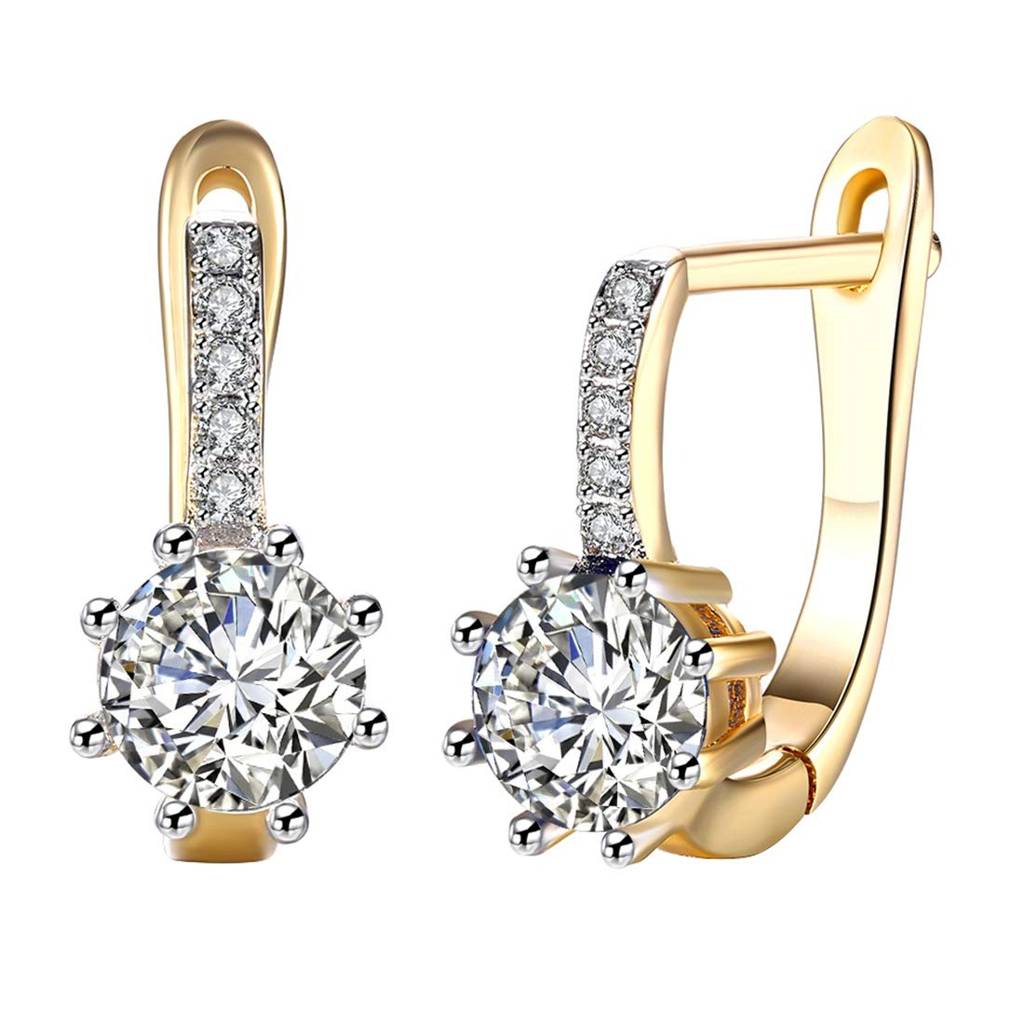 18K Gold Plated Crystal Solitaire Clutch Back Hoop Earrings For Women Girls : PX9E47