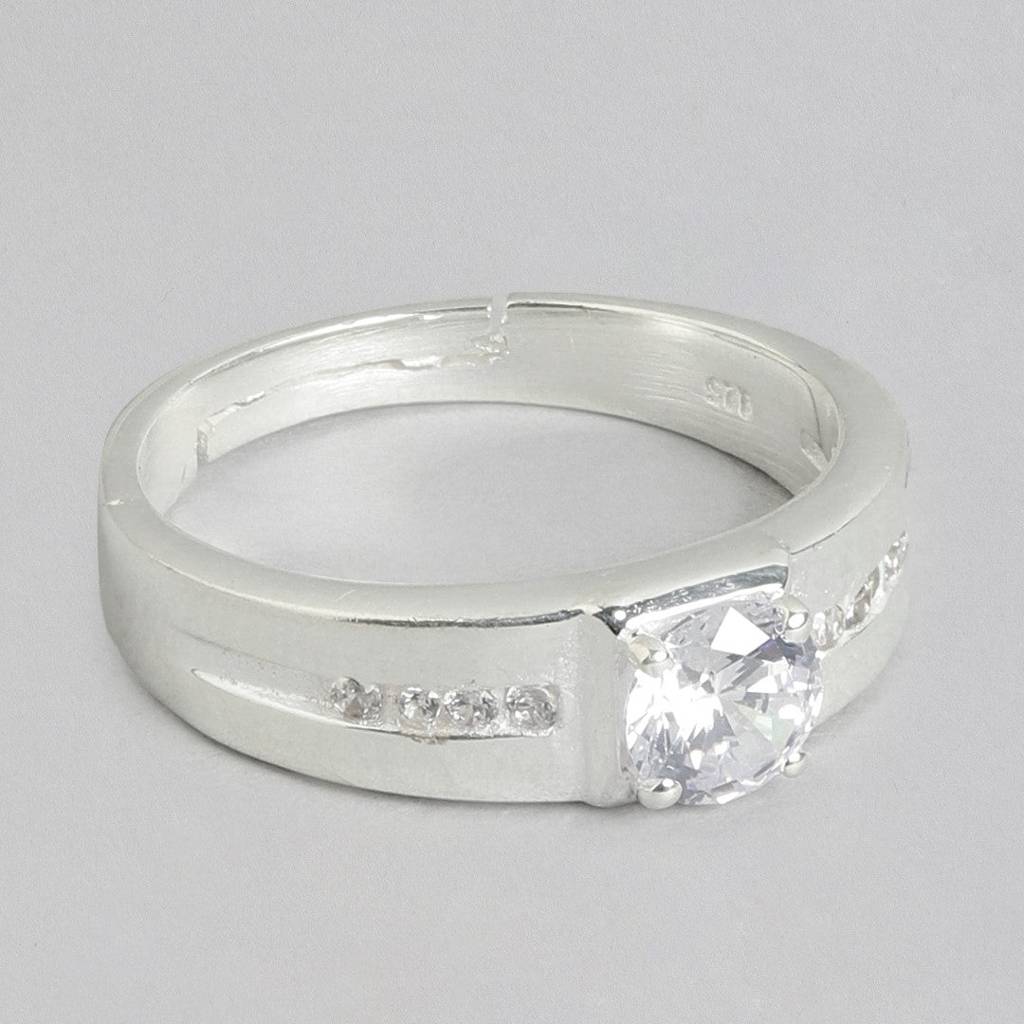 Cubic Ziconia Studded Solitaire 925 Sterling Silver Ring For Him (Adjustable) : RNG-40141