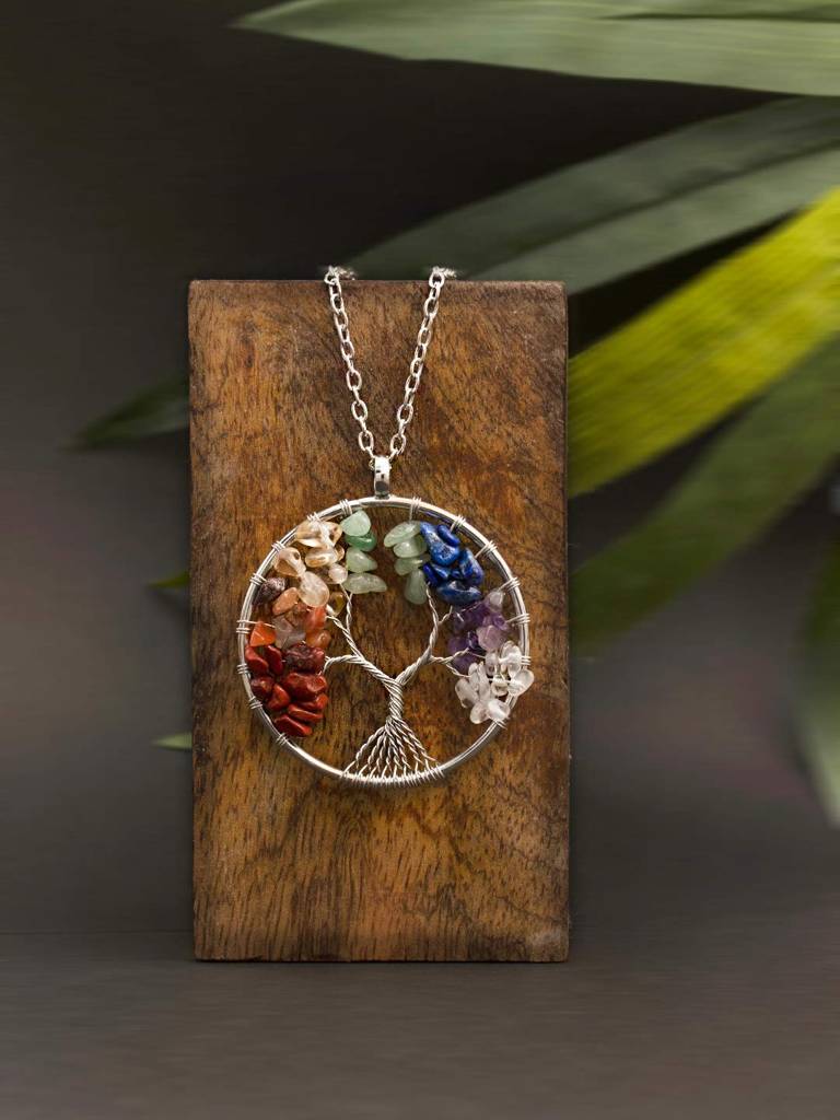 7 Chakra Rainbow Tree Of Life Crystal Wire Wrapped Gemstone Necklace For Women Girls : PFCP75
