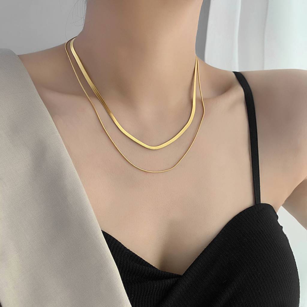 18K Plated Two Layer Snake Chain Necklace : ATO0624NK003G
