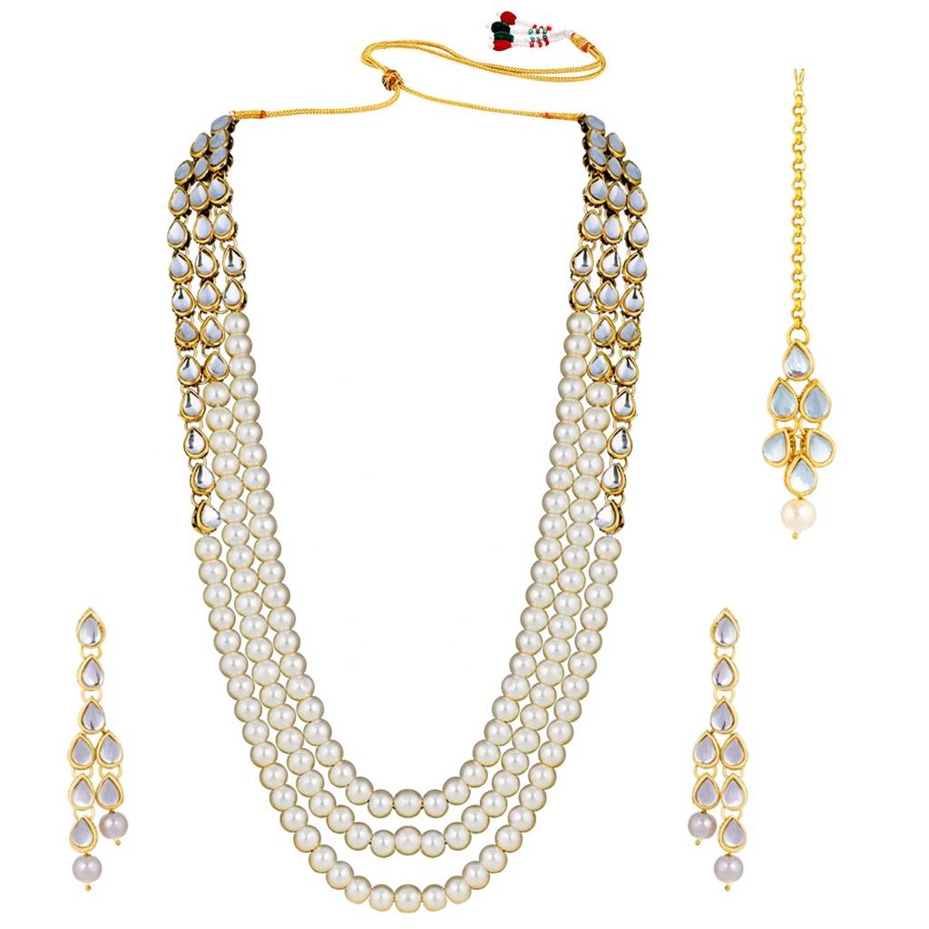 Peora Gold Plated Kundan Pearl Long Necklace Earring Mang Tika Jewellery Set For Women : PF25N093W