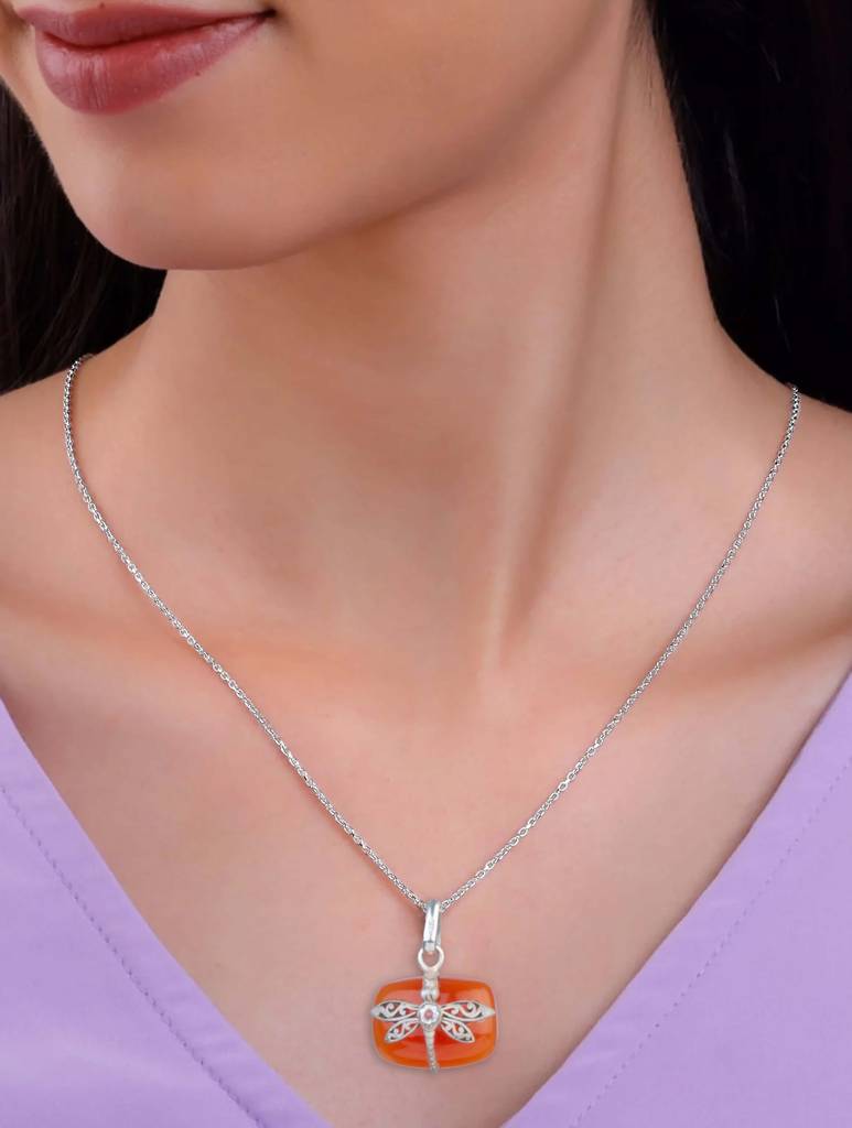 925 Sterling Silver Carnelian Pendant With 18 Inch Chain Handmade Gemstone Necklace For Women Elegant Jewelry Gift : FU-1040