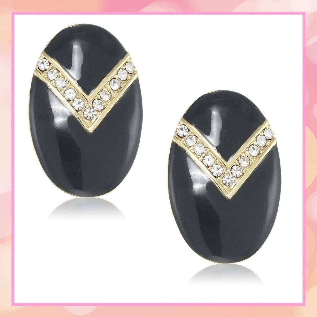 Estele Gold Plated Enamel With White Crystal Stud Earring For Women : 671712GT-BKER