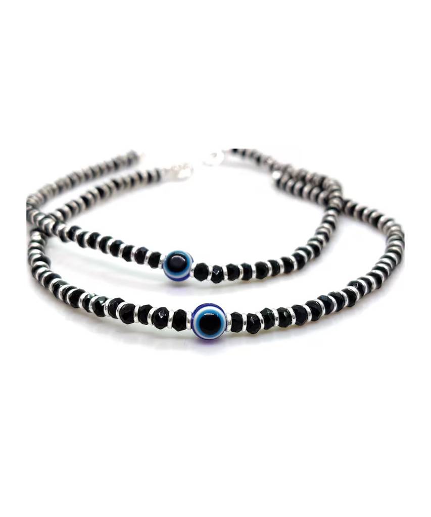 925 Pure Silver Nazariya Bracelets | Silver Evil Eye Beaded Bracelet (Pair Of 2) : BR1053
