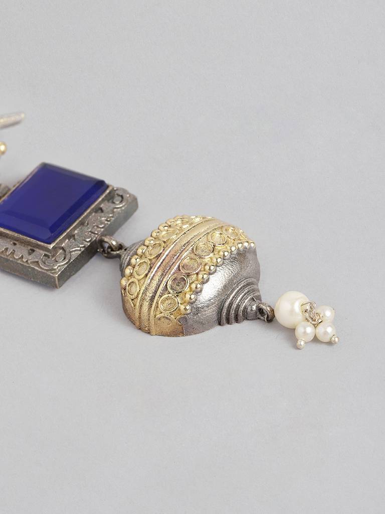 Silver & Gold Dual-Plated Oxidised Long Blue Stone Contemporary Bird Jhumkas : VI24EROX100020