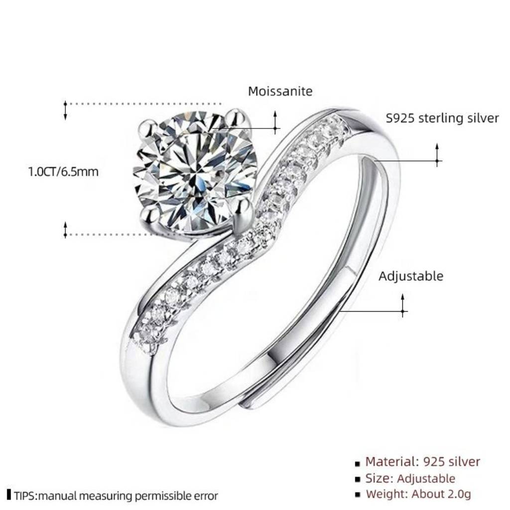 Moissanite Diamond V Shaped S925 Sterling Silver Ring : C-648