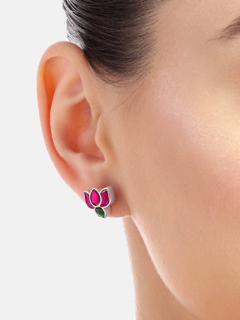92.5 Silver Crimpson Kundan Lotus Stud Earrings : 92.5 Silver Crimpson Kundan Lotus Stud Earrings : 92.5 Silver Crimpson