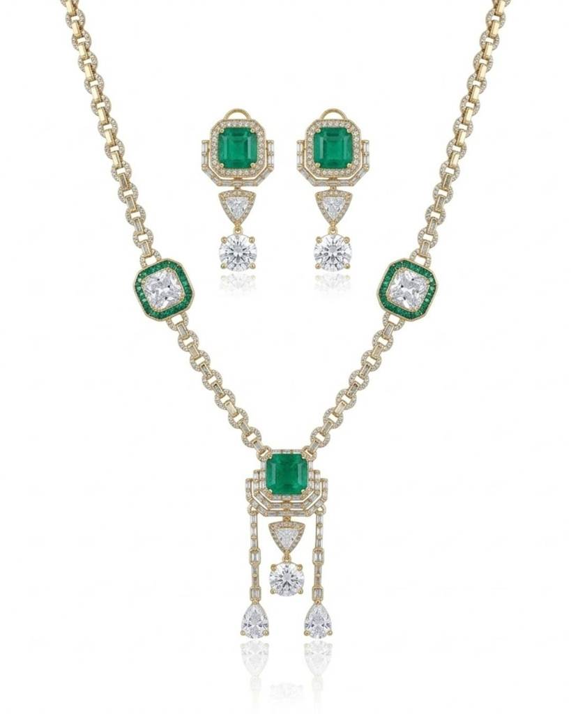 Emerald Asteria American Diamond Necklace Set : sm30