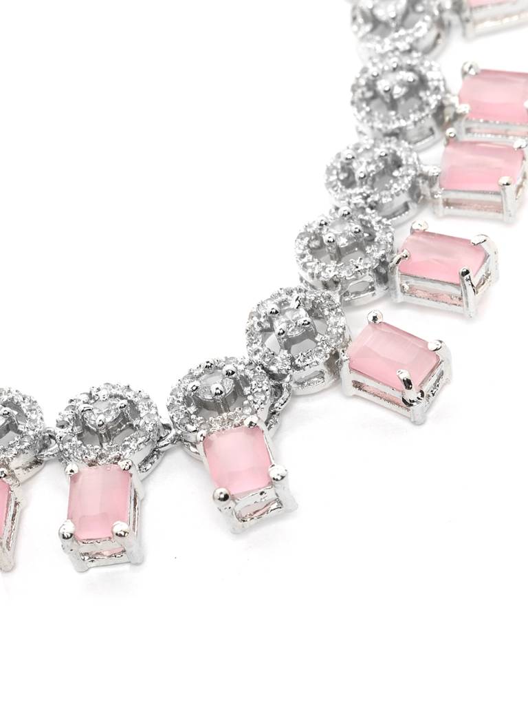 Silver Plated Square Ad Necklace Set : AD134PINK