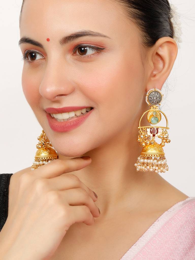 Gold-Plated Artificial Stones Studded And Beaded Dome Shaped Jhumkas : VI24EROX100034