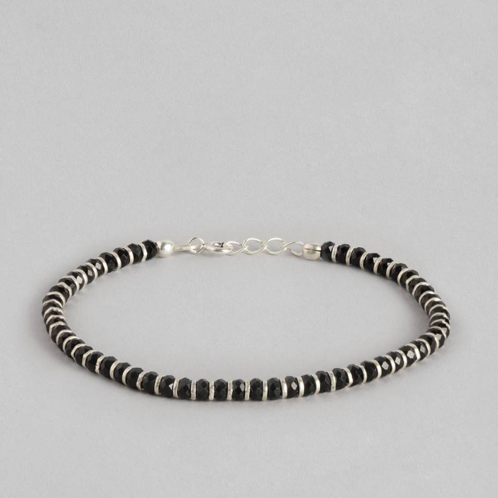 Black Bead Charm 925 Silver Bracelet In Silver Chain : BR-80064