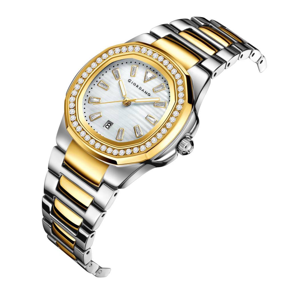 Giordano Luxury Watch For Women With Crystal Indices,Textured Dial, Stainless Steel Strap And Date Display : GZ-60116-22