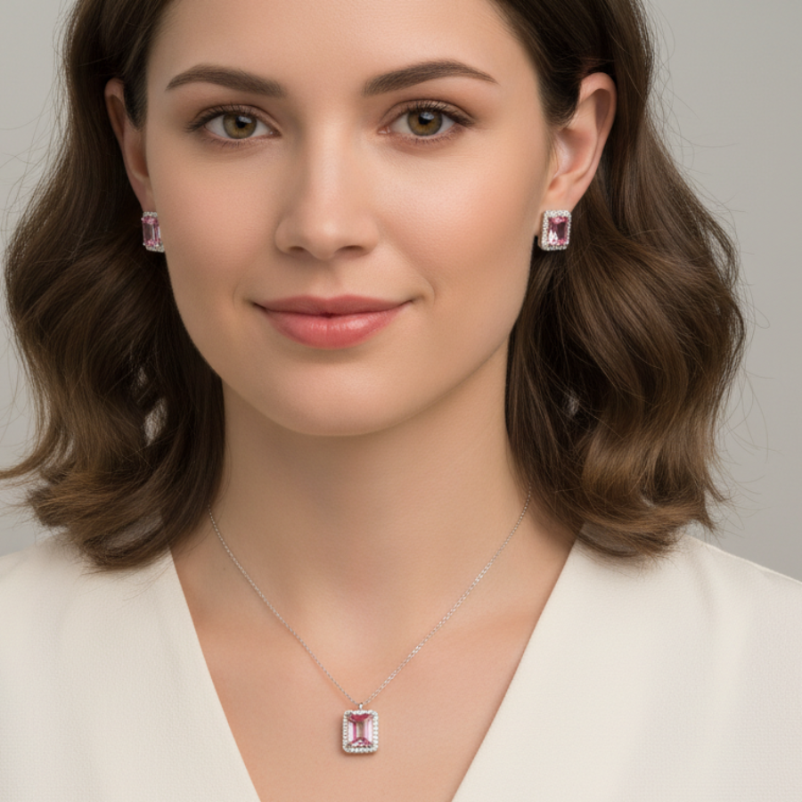 Royal Pink Square Diamond Necklace For Women | Elegant Pink Crystal Square Pendant Jewellery : 3516043554