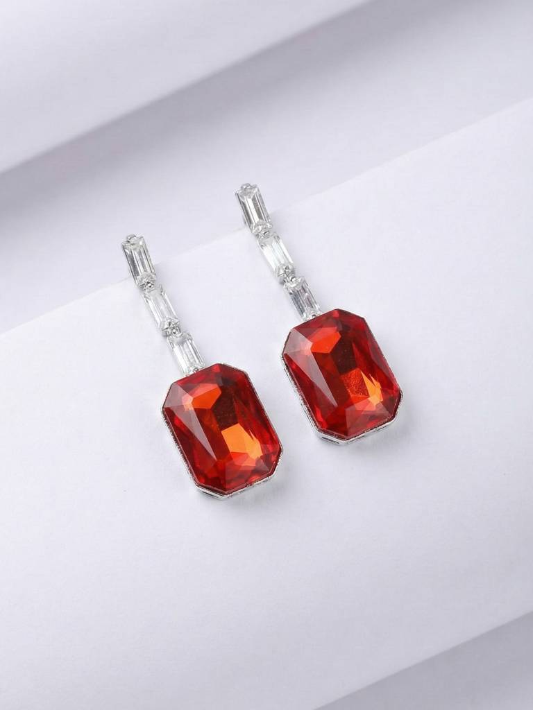 Ruby Red Stone Layered Crystal Necklace And Earrings Set For Women : REDTRIPLENS